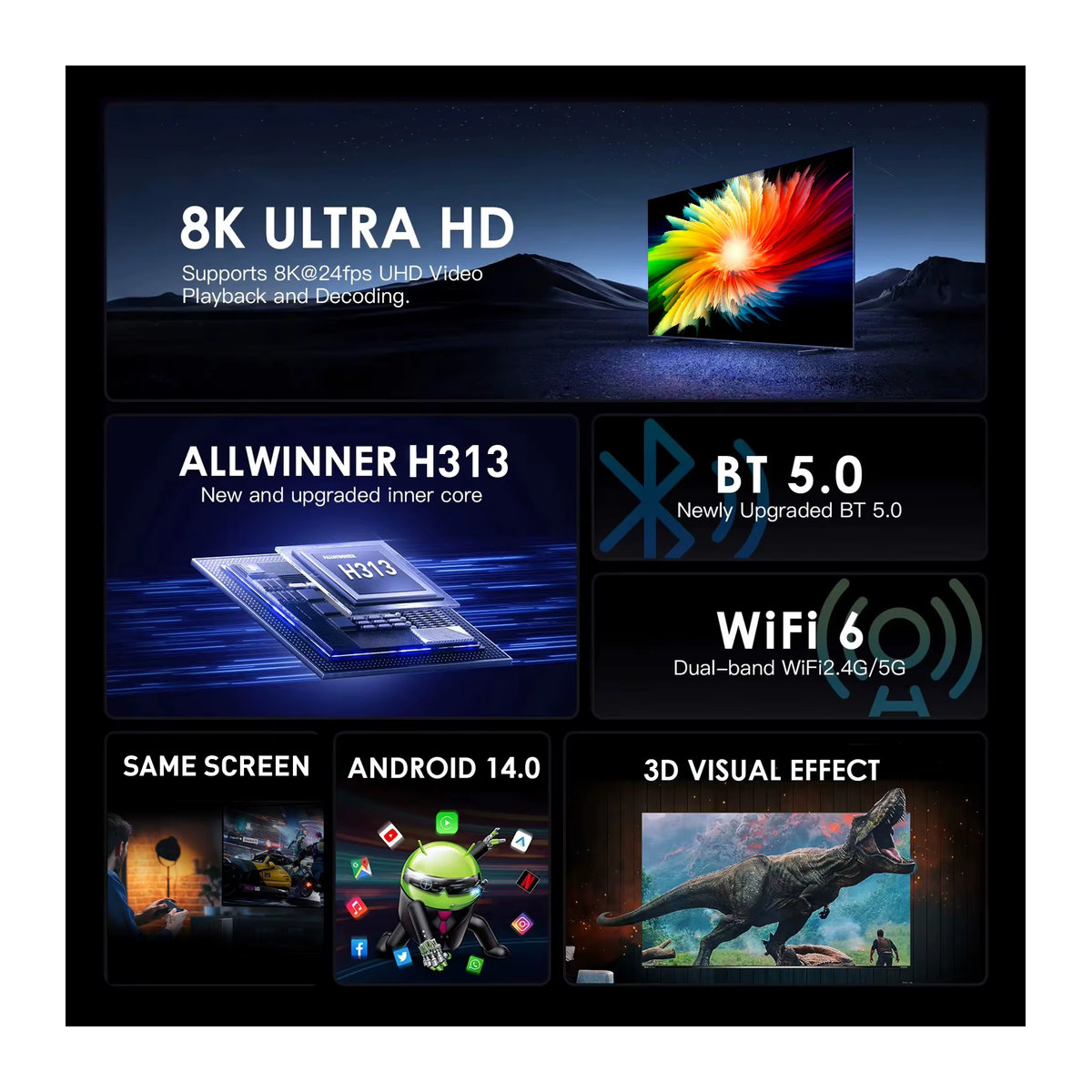 Mortal Smart TV Box H313 Android 14 4K HDR Media Player mit 2GB RAM und 16GB Speicher, Schwarz, 5G Dual Wifi und BT5.2, inklusive Sprachassistent - Bild 2