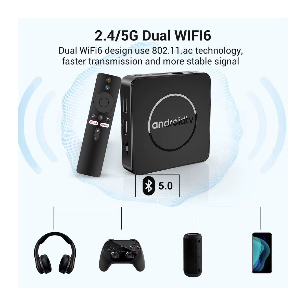 Mortal Smart TV Box H313 Android 14 4K HDR Media Player mit 2GB RAM und 16GB Speicher, Schwarz, 5G Dual Wifi und BT5.2, inklusive Sprachassistent - Bild 5