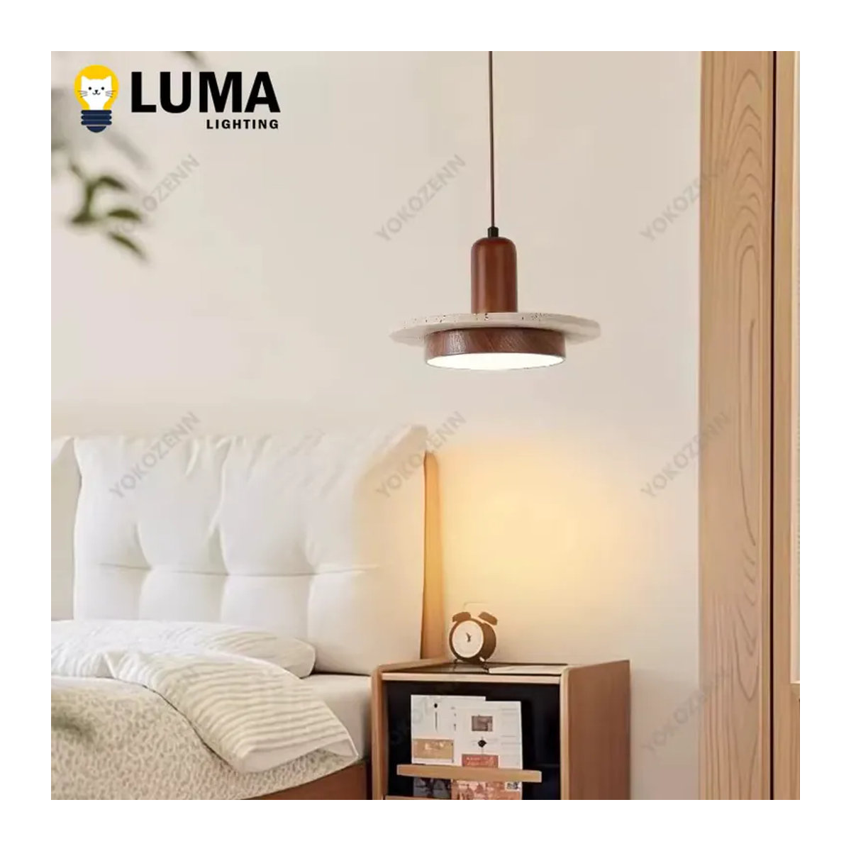 MOSA ZX Pendelleuchte aus Naturstein-Travertin in Beige im Japandi Wabi-Sabi-Stil mit E27 Fassung - Bild 3