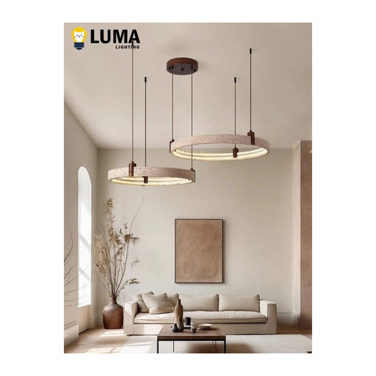 MOSA ZX Wabi-Sabi Pendelleuchte aus gelbem Travertin Naturstein in Beige im minimalistischen japanischen Stil - Bild 1