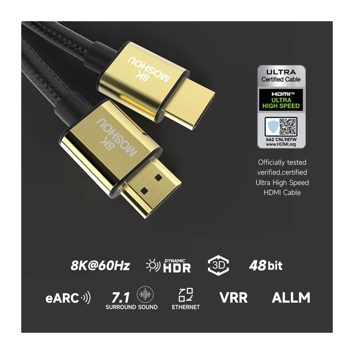 MOSHOU HDMI 2.1 Kabel Schwarz mit 8K 60Hz, 4K 120Hz, 48Gbps, eARC und HDR10+ für TV Box und PS5 - Bild 2