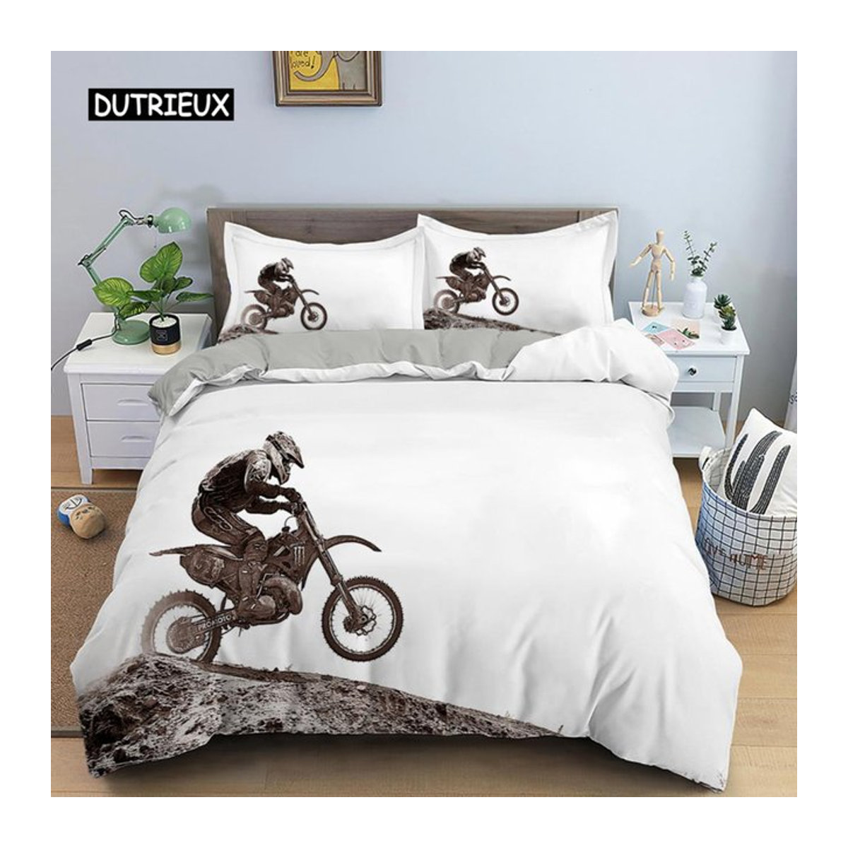 Motocross Bettwäscheset von Binchi Outdoor Product in Weiß für Kinder und Erwachsene mit Reißverschluss, B/B: 200 x 200 cm - Bild 1