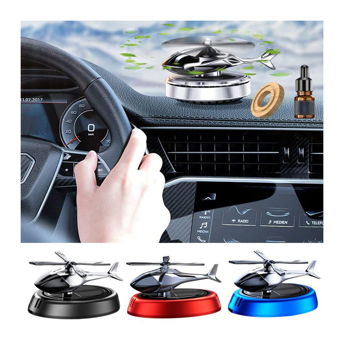 Motorgo Premium Solar Hubschrauber Auto Duftspender mit drehender Aromatherapie für den Innenraum in Schwarz - Bild 4