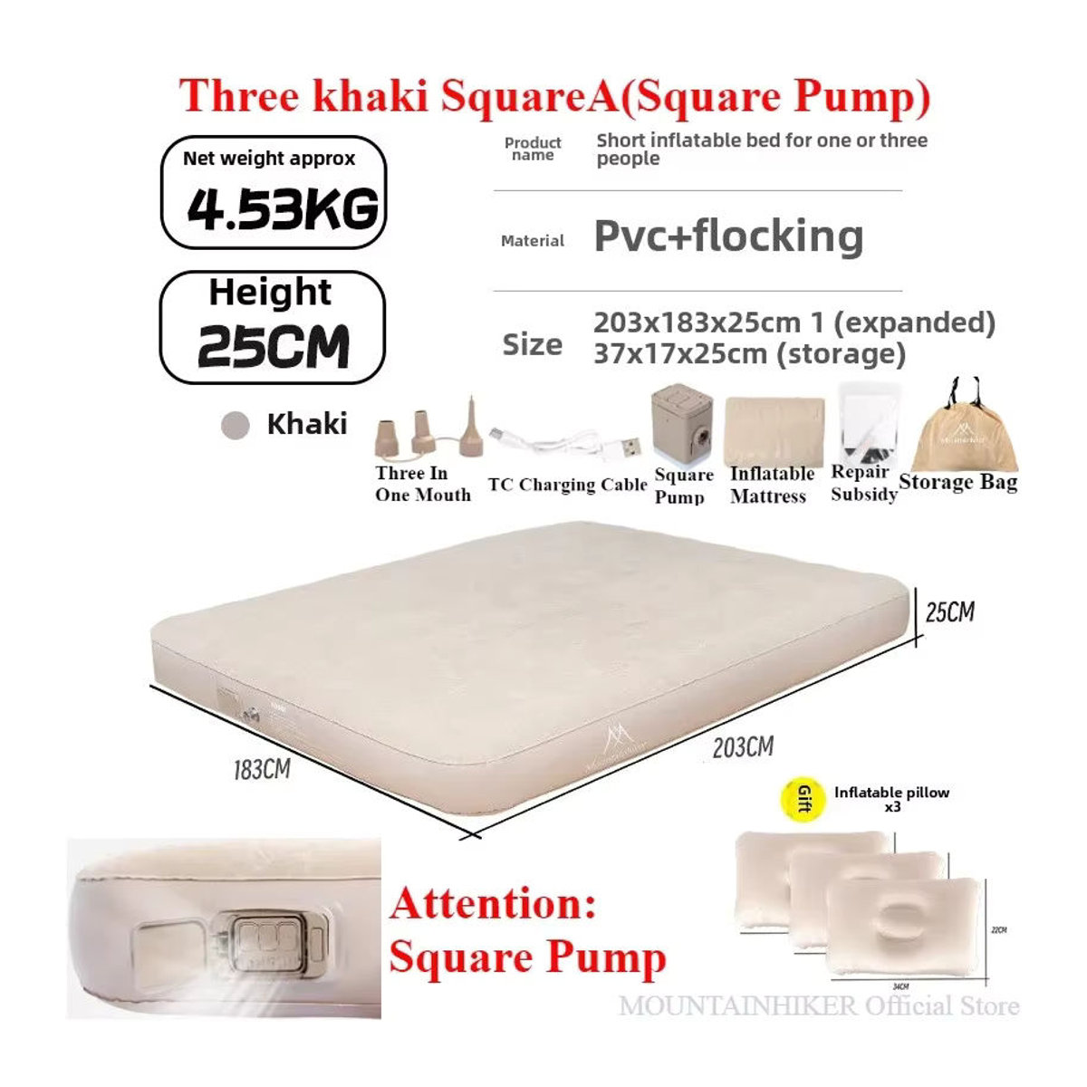 MOUNTAINHIKER Aufblasbare Luftmatratze aus PVC mit integrierter Pumpe für Camping und Zuhause in Schwarz oder Beige - Bild 2
