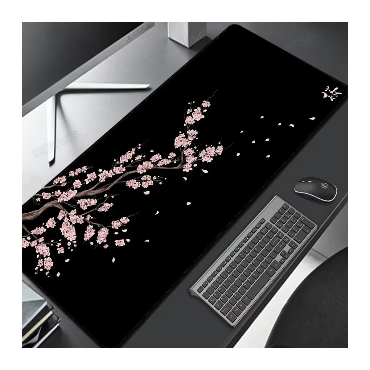 MOUPING Sakura Mauspad mit floralem Kirschblüten-Design in Weiß und Schwarz - Bild 1