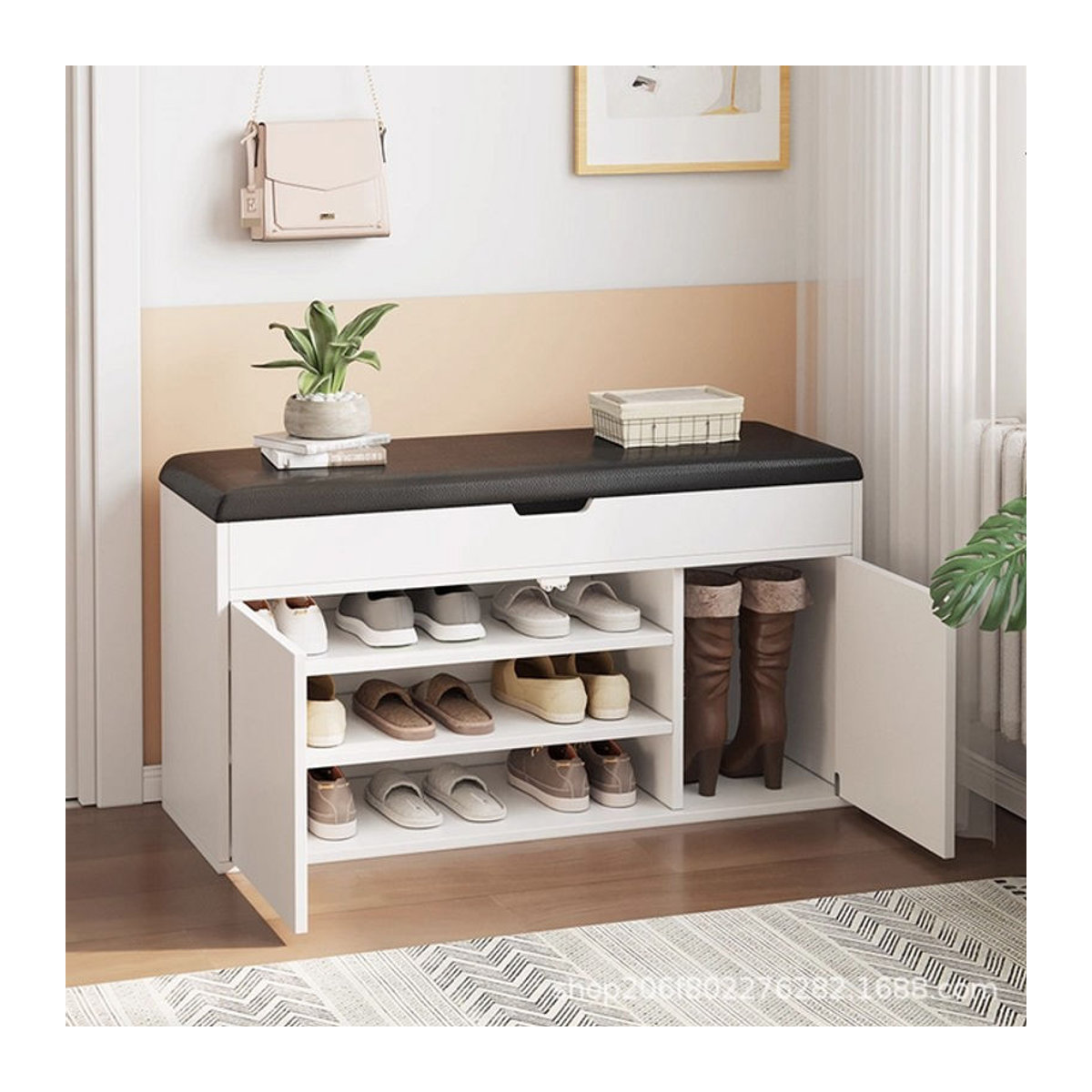 MOYU Multifunktionaler Schuhbank-Aufbewahrungshocker aus Kunstleder mit Drehtüren, Schwarz/Weiß, B/T/H: 60 x 30 x 52 cm - Bild 1