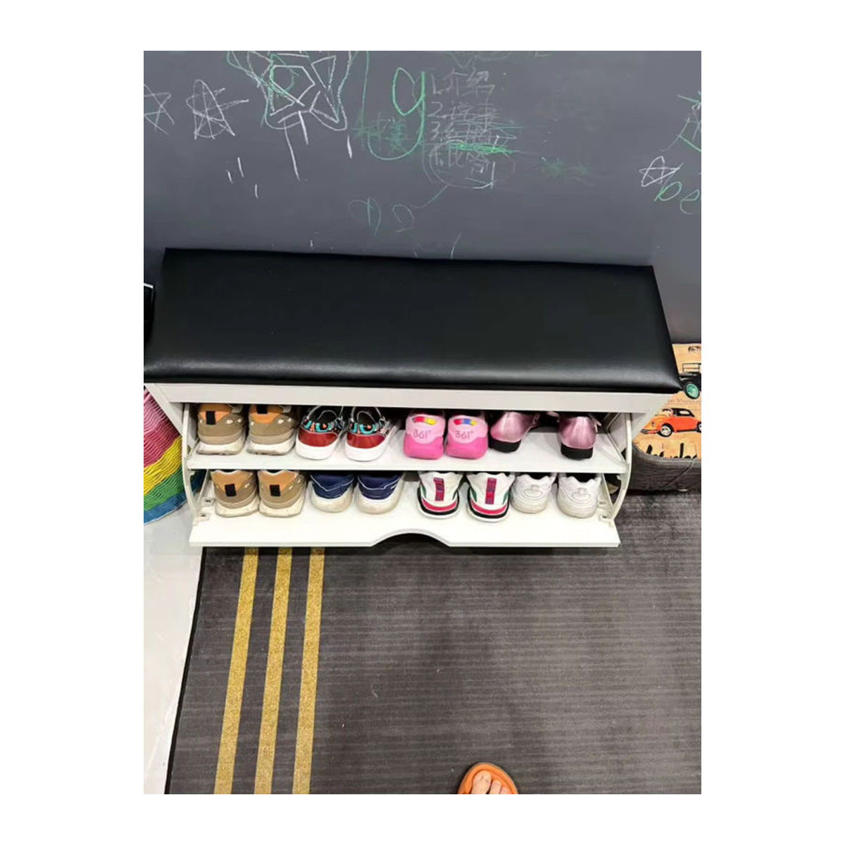 MOYU Multifunktionaler Schuhbank-Aufbewahrungshocker aus Kunstleder mit Drehtüren, Schwarz/Weiß, B/T/H: 60 x 30 x 52 cm - Bild 3