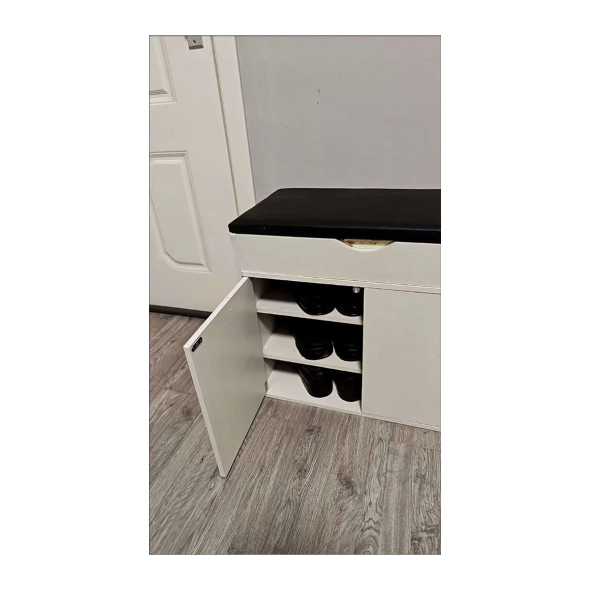 MOYU Multifunktionaler Schuhbank-Aufbewahrungshocker aus Kunstleder mit Drehtüren, Schwarz/Weiß, B/T/H: 60 x 30 x 52 cm - Bild 4