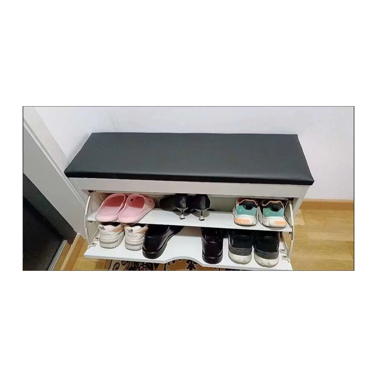 MOYU Multifunktionaler Schuhbank-Aufbewahrungshocker aus Kunstleder mit Drehtüren, Schwarz/Weiß, B/T/H: 60 x 30 x 52 cm - Bild 5