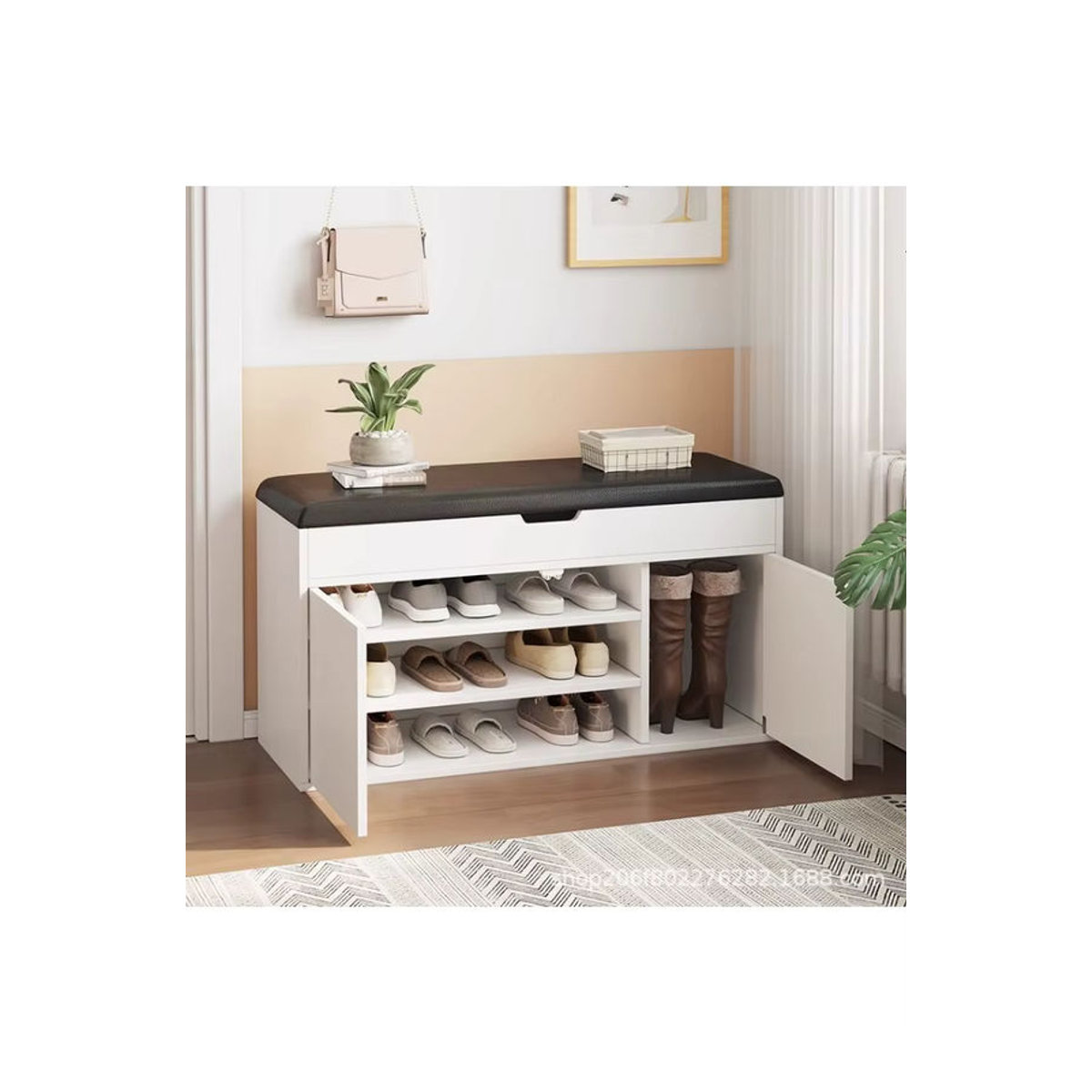 MOYU Multifunktionaler Schuhbank-Aufbewahrungshocker aus Kunstleder mit Drehtüren, Schwarz/Weiß, B/T/H: 60 x 30 x 52 cm - Bild 7