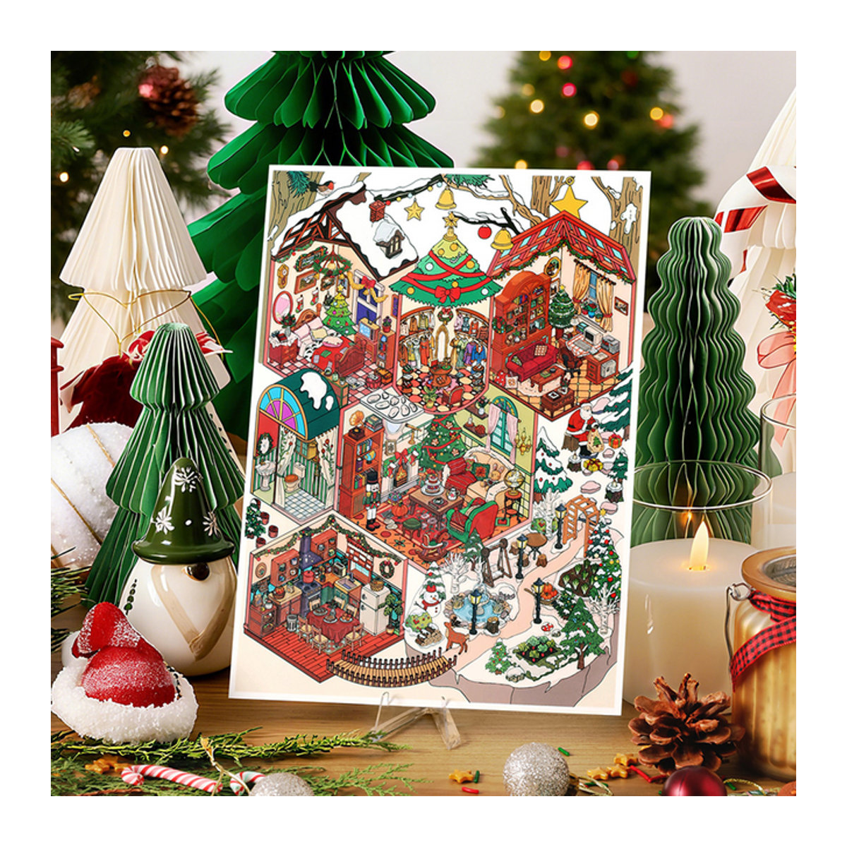 Mr. Paper Weihnachtsaufkleber Set mit Weihnachtshäusern und Landschaften, 4 Blatt, mehrfarbig, PET-Aufkleber für deine Heimdekoration - Bild 1