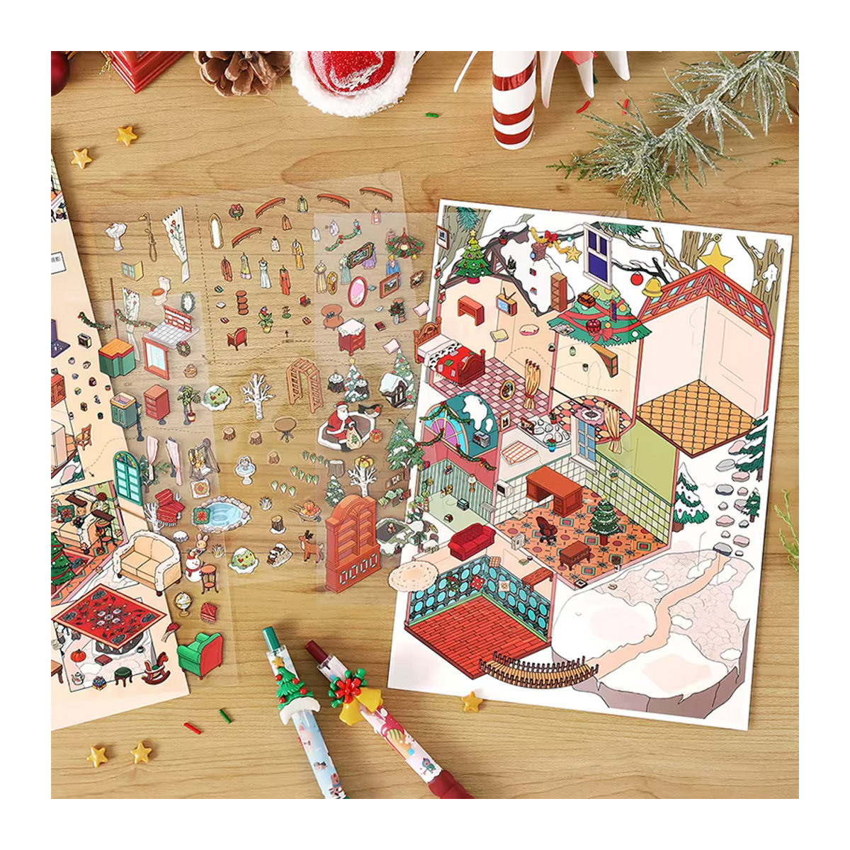Mr. Paper Weihnachtsaufkleber Set mit Weihnachtshäusern und Landschaften, 4 Blatt, mehrfarbig, PET-Aufkleber für deine Heimdekoration - Bild 2