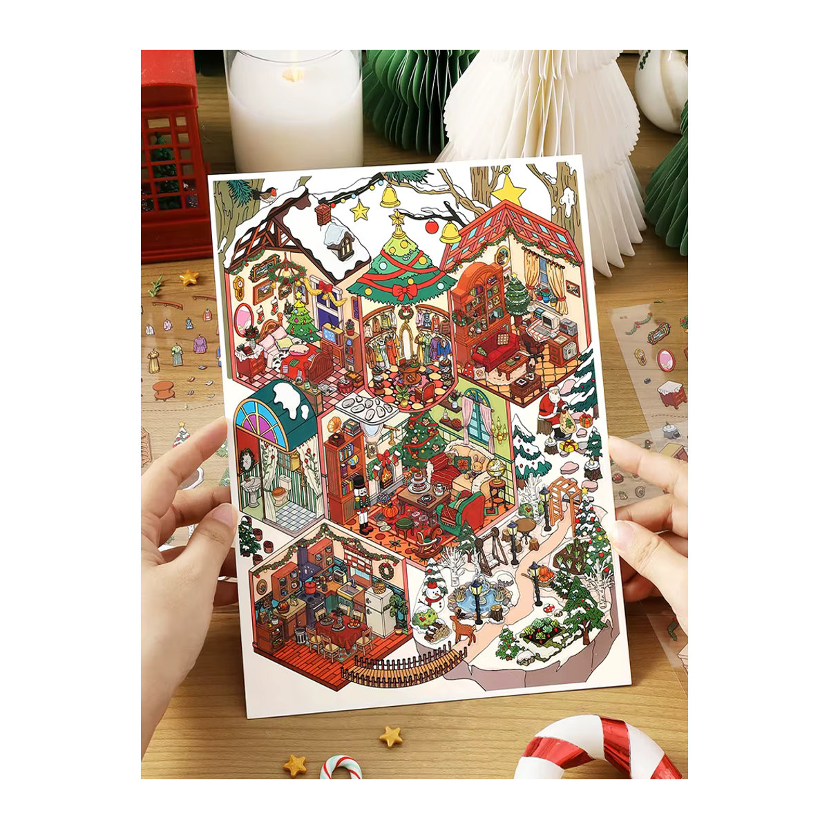 Mr. Paper Weihnachtsaufkleber Set mit Weihnachtshäusern und Landschaften, 4 Blatt, mehrfarbig, PET-Aufkleber für deine Heimdekoration - Bild 7