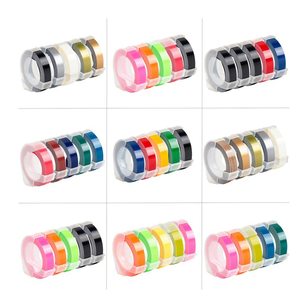 MrLabel 5 Rollen Kunststoff-Prägeband Set in 6 mm, 9 mm und 12 mm für DYMO 3D-Prägegeräte, mehrfarbig - Bild 1