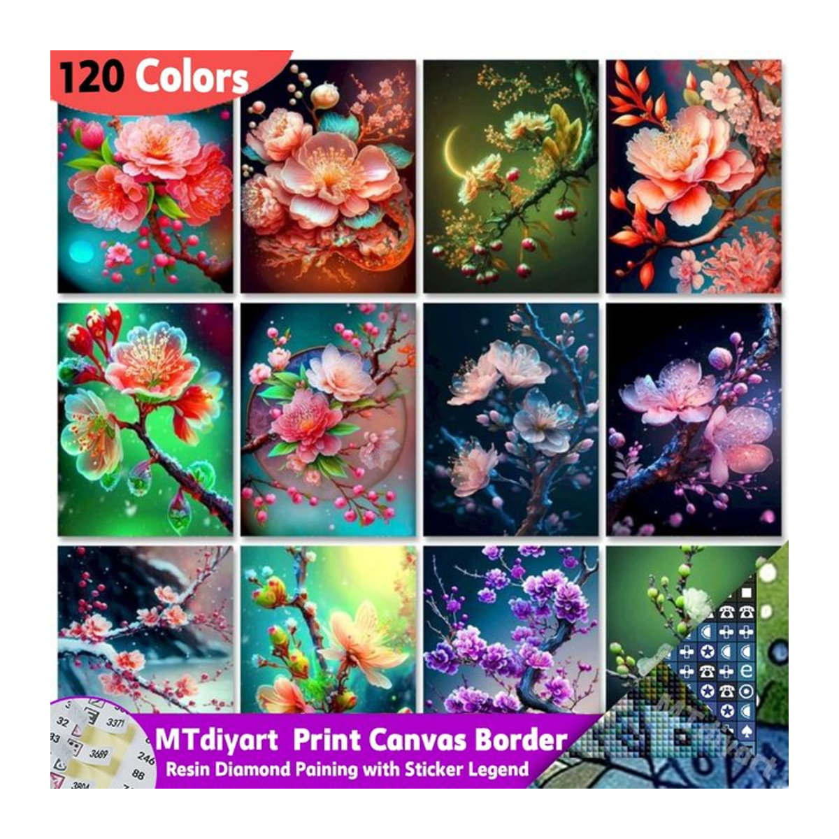 MTdiyart Diamantgemälde Set mit Blumenmuster und Pflaumenmosaik, Mehrfarbig, Kunstharz, DIY Kit mit runden Steinen und Aufkleber - Bild 1