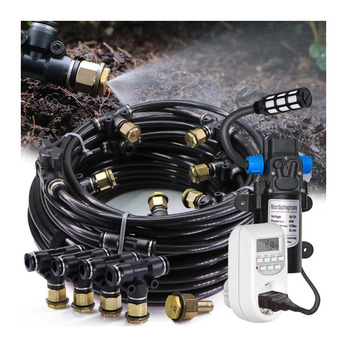 MUCIAKIE Gartennebel-Kühlsystem mit 60W selbstansaugender Pumpe, Regensensor-Timer-Kit und Sprühdüsen, Schwarz - Bild 1
