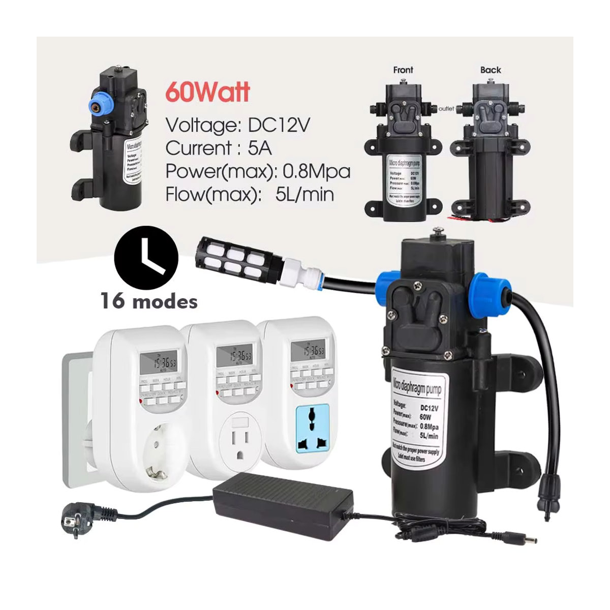 MUCIAKIE Gartennebel-Kühlsystem mit 60W selbstansaugender Pumpe, Regensensor-Timer-Kit und Sprühdüsen, Schwarz - Bild 3