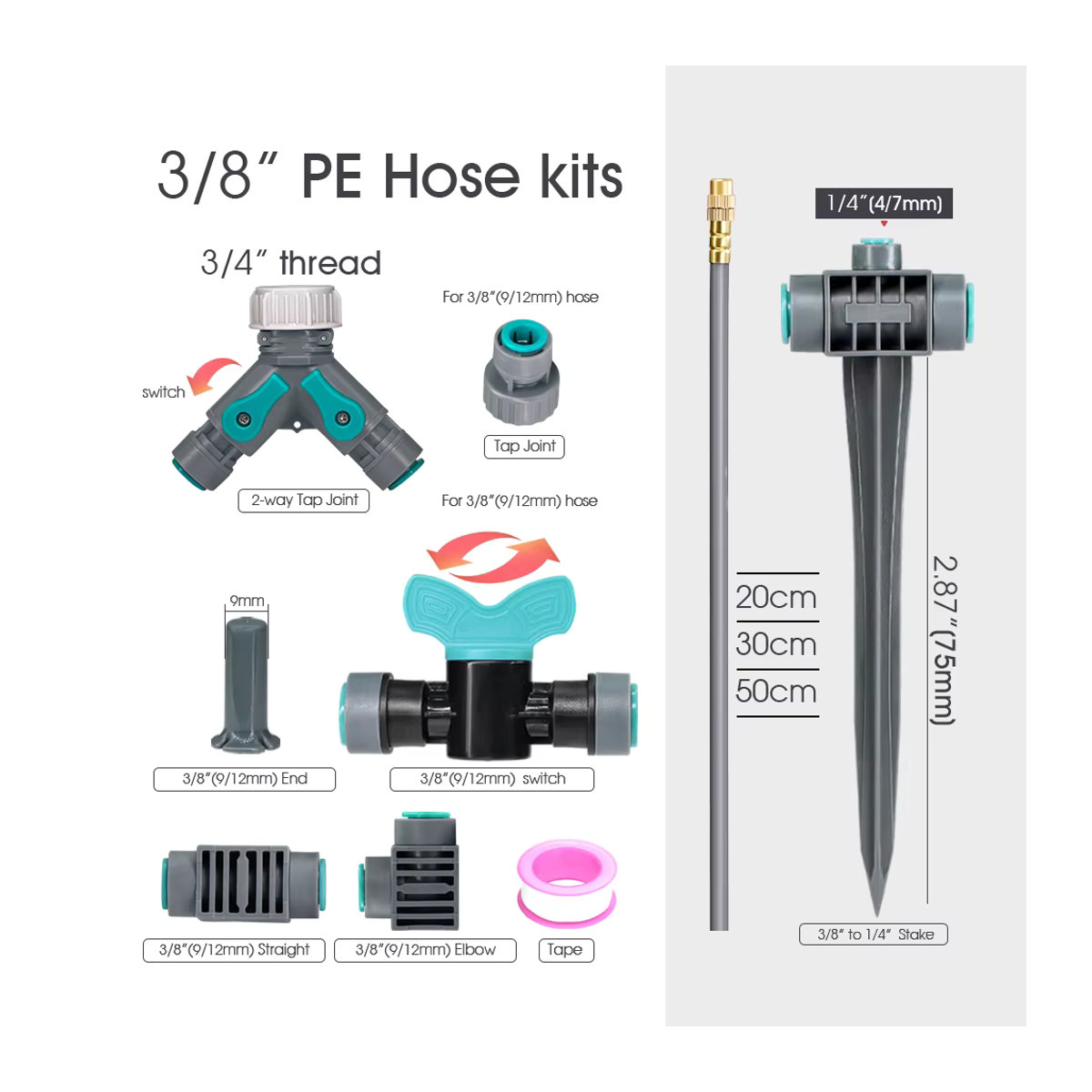MUCIAKIE Sprühsprinkler mit 3/8-Zoll-PE-Schlauch und Pfahlnebelsystem in Grau, Universaldüse für Gartenrasen zur zerstäubten Bewässerung - Bild 2