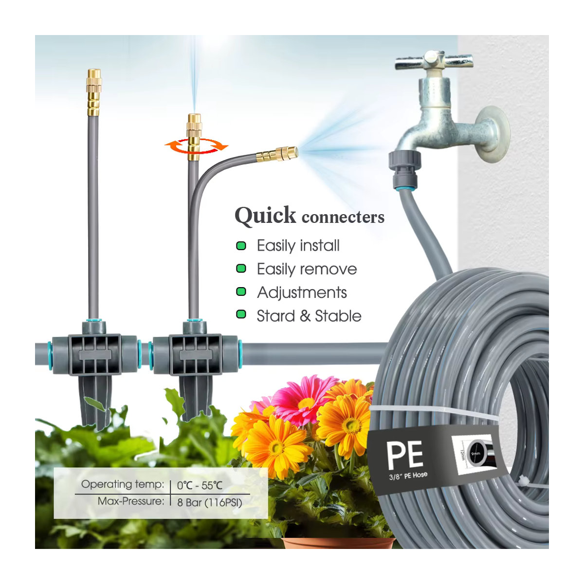 MUCIAKIE Sprühsprinkler mit 3/8-Zoll-PE-Schlauch und Pfahlnebelsystem in Grau, Universaldüse für Gartenrasen zur zerstäubten Bewässerung - Bild 4