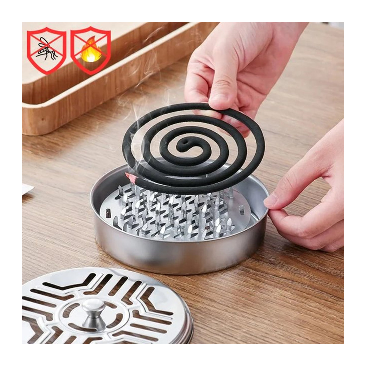 Mückenspiralenhalter aus Edelstahl mit Abdeckung als rundes Mückenspiraltablett zur einfachen Reinigung - Bild 1