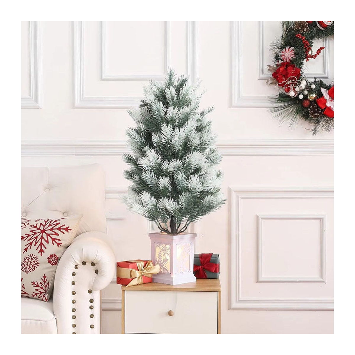 MUFU Künstliche Mini-Zedernbäume in Grün und Weiß mit Bodennägeln, UV-beständige Topfpflanzen für Außenbereich und Weihnachtsdekoration - Bild 2