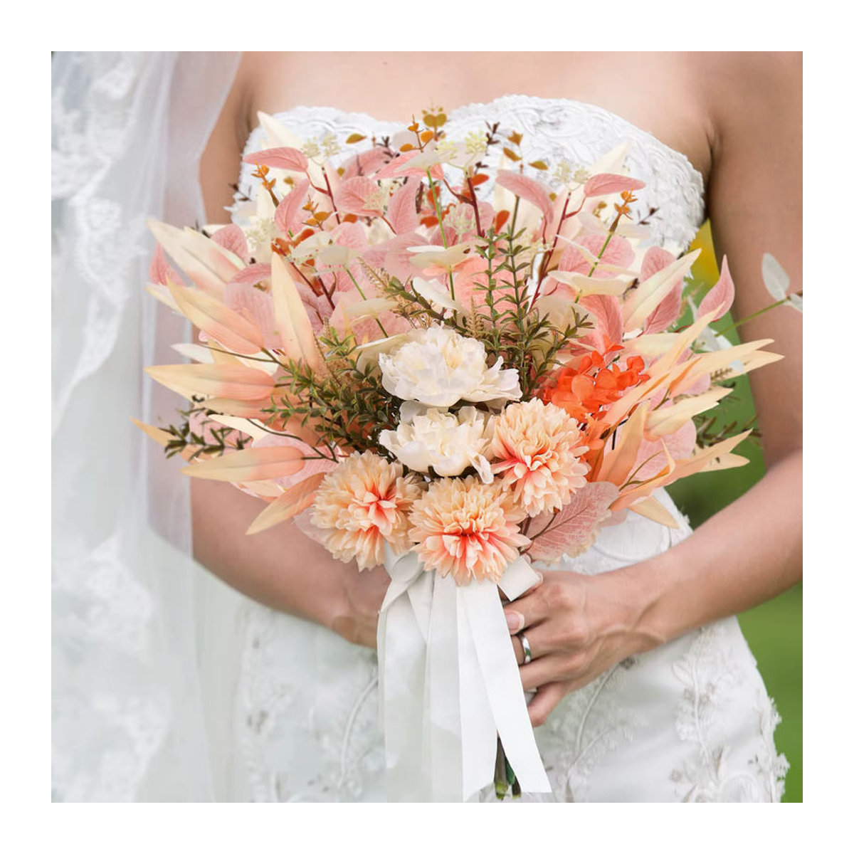 MUFU Pfingstrosen Bouquet aus Kunststoff, künstliche Blumen in Beige und Mehrfarbig für Bohemian Hochzeitsdekoration - Bild 2