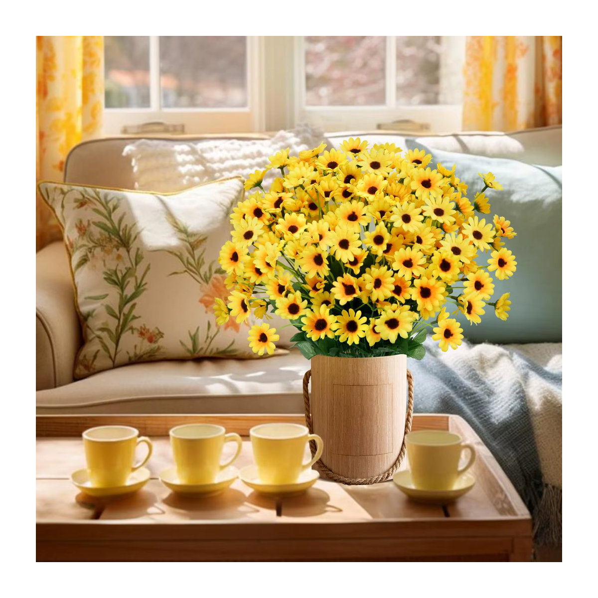 MUFU Set mit 3 künstlichen Sonnenblumenstrauß in Gelb, Höhe: 35 cm, zur Dekoration für Hochzeit, Garten und Wohnzimmer - Bild 2
