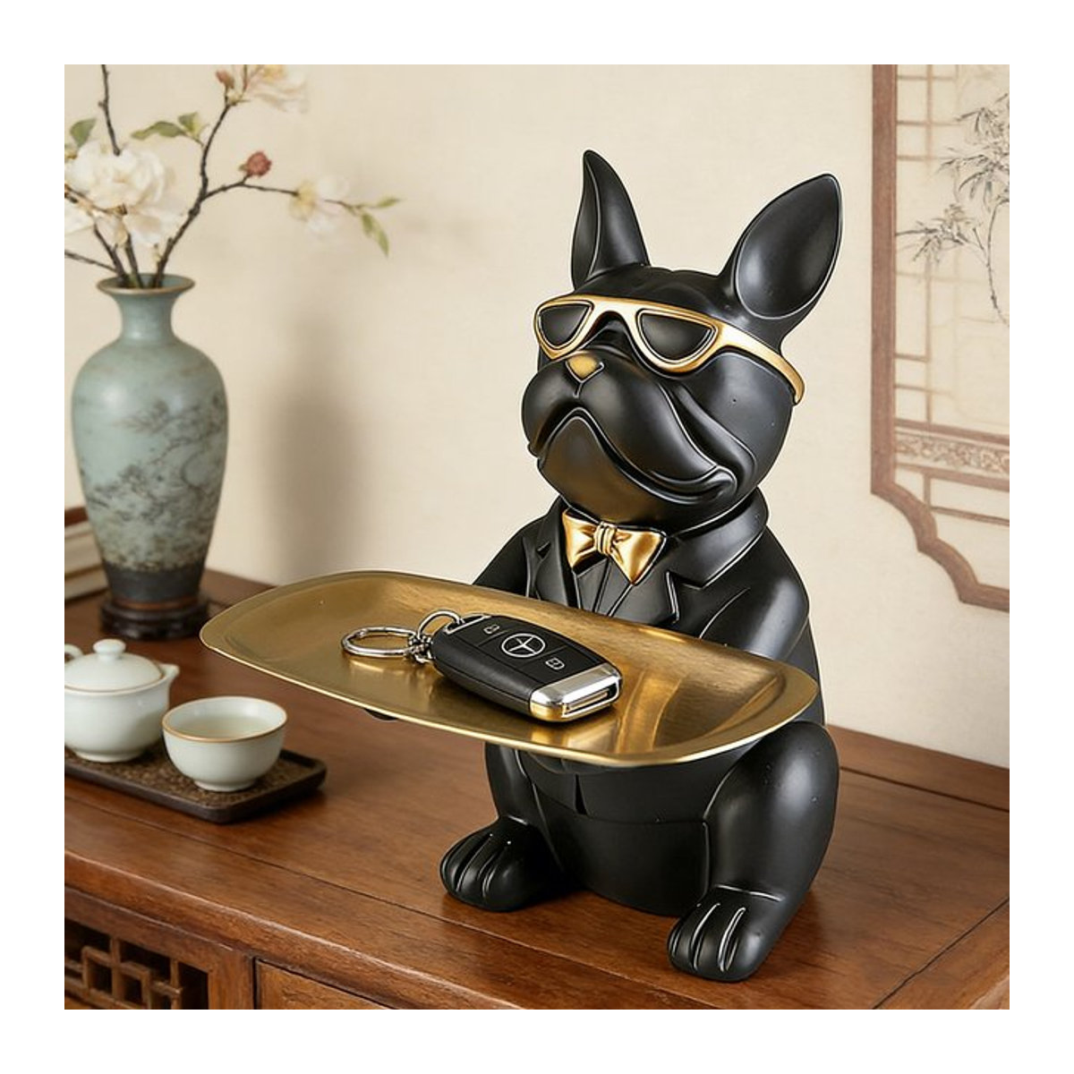 Multifunktionale Bulldoggen-Schale aus Kunstharz als kreatives Tierfiguren-Ornament in Schwarz zur Aufbewahrung von Kleinteilen - Bild 1
