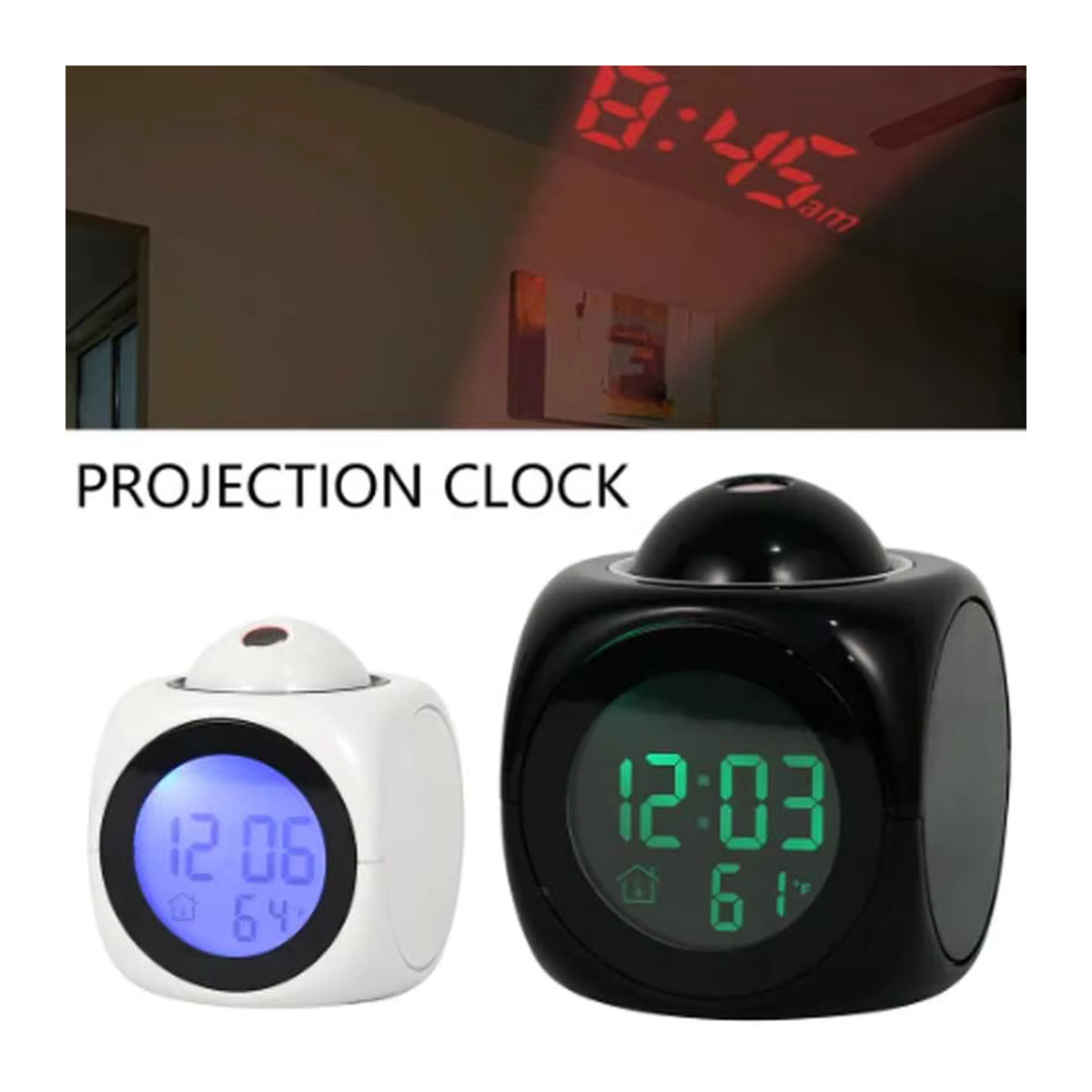 Multifunktionale LED Projektionsuhr mit Glockenspiel, Wecker, Sprachalarm und Temperaturanzeige in Schwarz - Bild 5