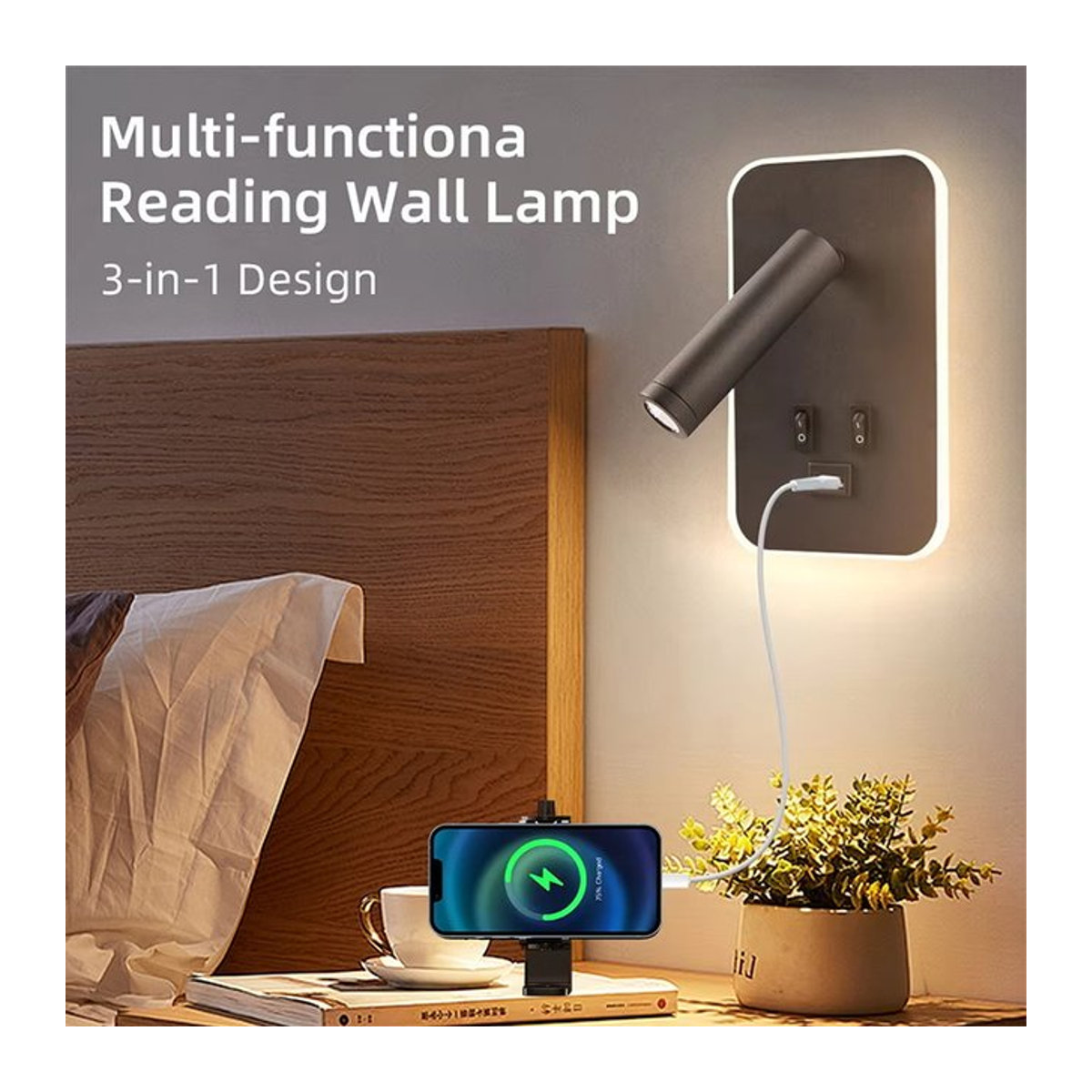 Multifunktionale LED-Wandlampe mit USB-Anschluss und Nachttisch-Nachtlicht in Schwarz, minimalistisches Design von DBF - Bild 1