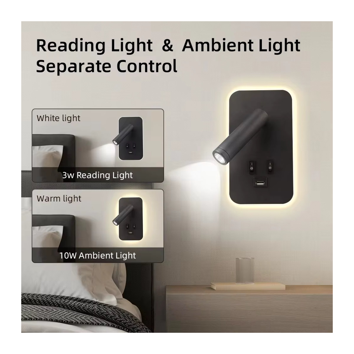 Multifunktionale LED-Wandlampe mit USB-Anschluss und Nachttisch-Nachtlicht in Schwarz, minimalistisches Design von DBF - Bild 3