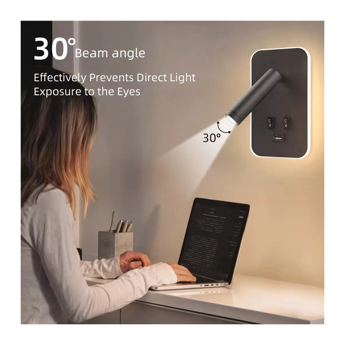 Multifunktionale LED-Wandlampe mit USB-Anschluss und Nachttisch-Nachtlicht in Schwarz, minimalistisches Design von DBF - Bild 4