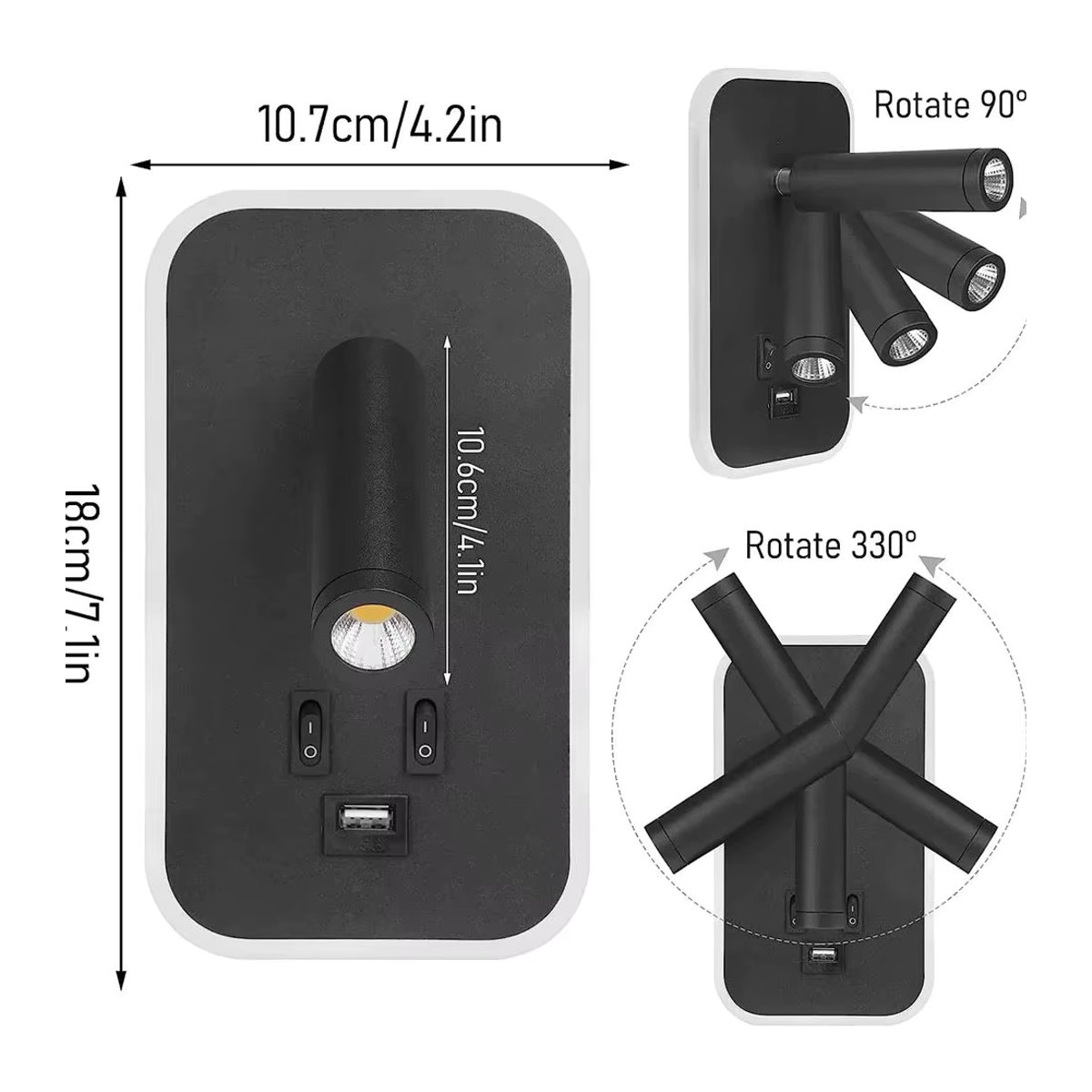 Multifunktionale LED-Wandlampe mit USB-Anschluss und Nachttisch-Nachtlicht in Schwarz, minimalistisches Design von DBF - Bild 5
