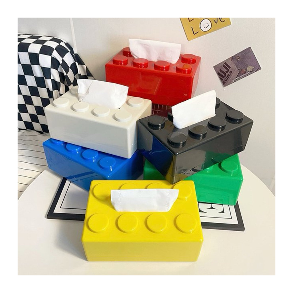 Multifunktionale Taschentuchbox aus Kunststoff in geometrischem Baustein-Design von QCQHDU, mehrfarbig und grün - Bild 1