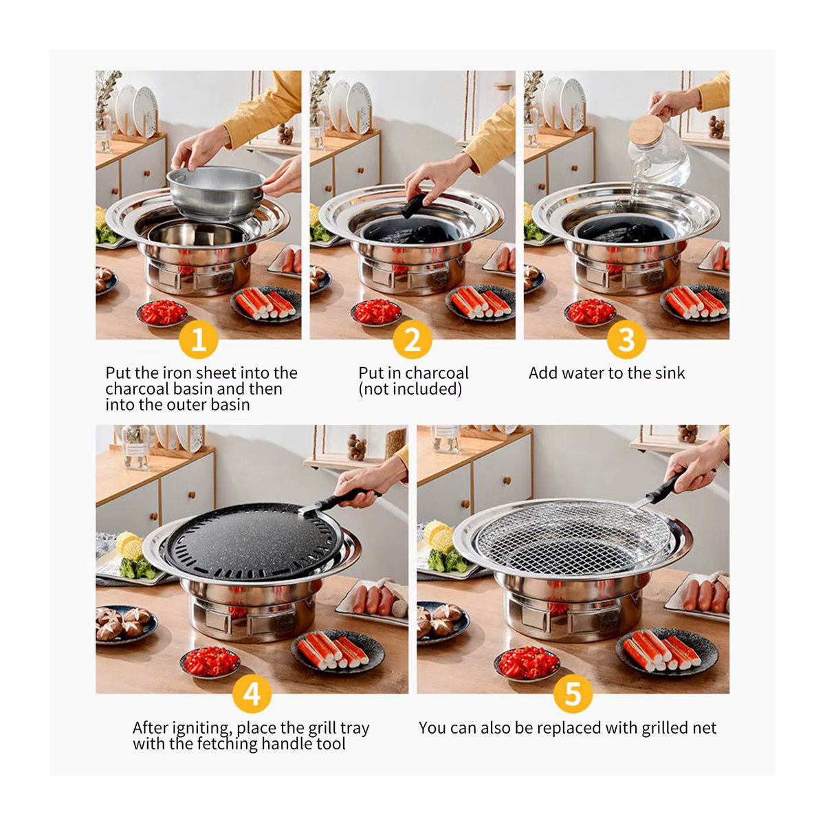 Multifunktionaler 13-Zoll Koreanischer BBQ-Grill aus Edelstahl in Silber für Holzkohle - Bild 5