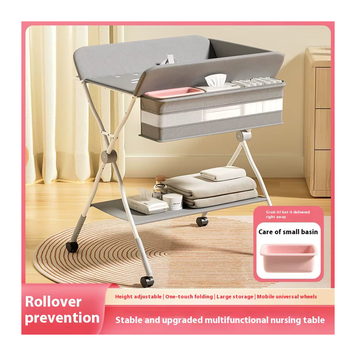 Multifunktionaler Babywindel-Wickeltisch in Grau mit verstellbarer und klappbarer Pflegestation für Neugeborene - Bild 2