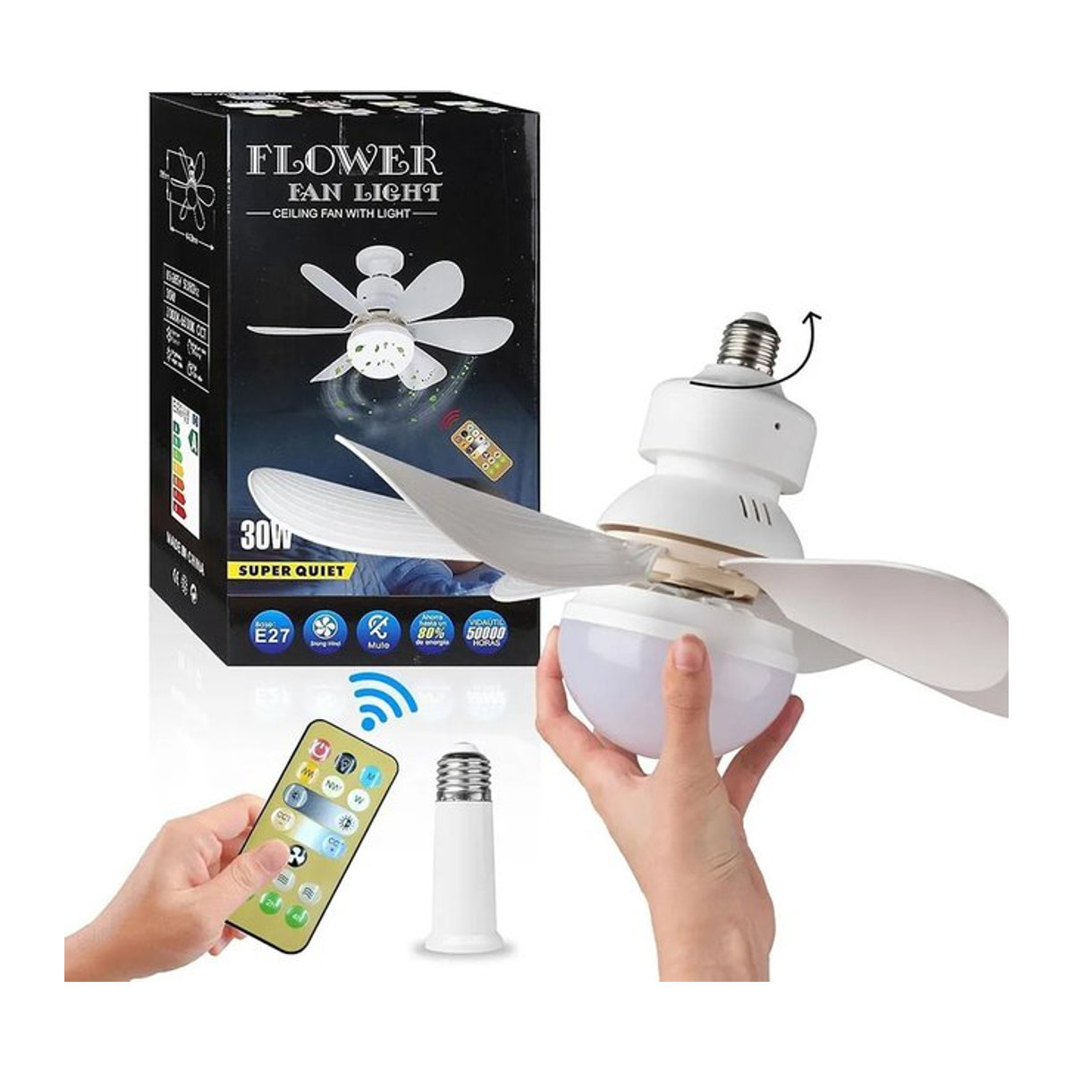 Multifunktionaler Deckenventilator mit Fernbedienung und dimmbarer E26/E27-Fassung in Weiß, minimalistisches Design - Bild 1