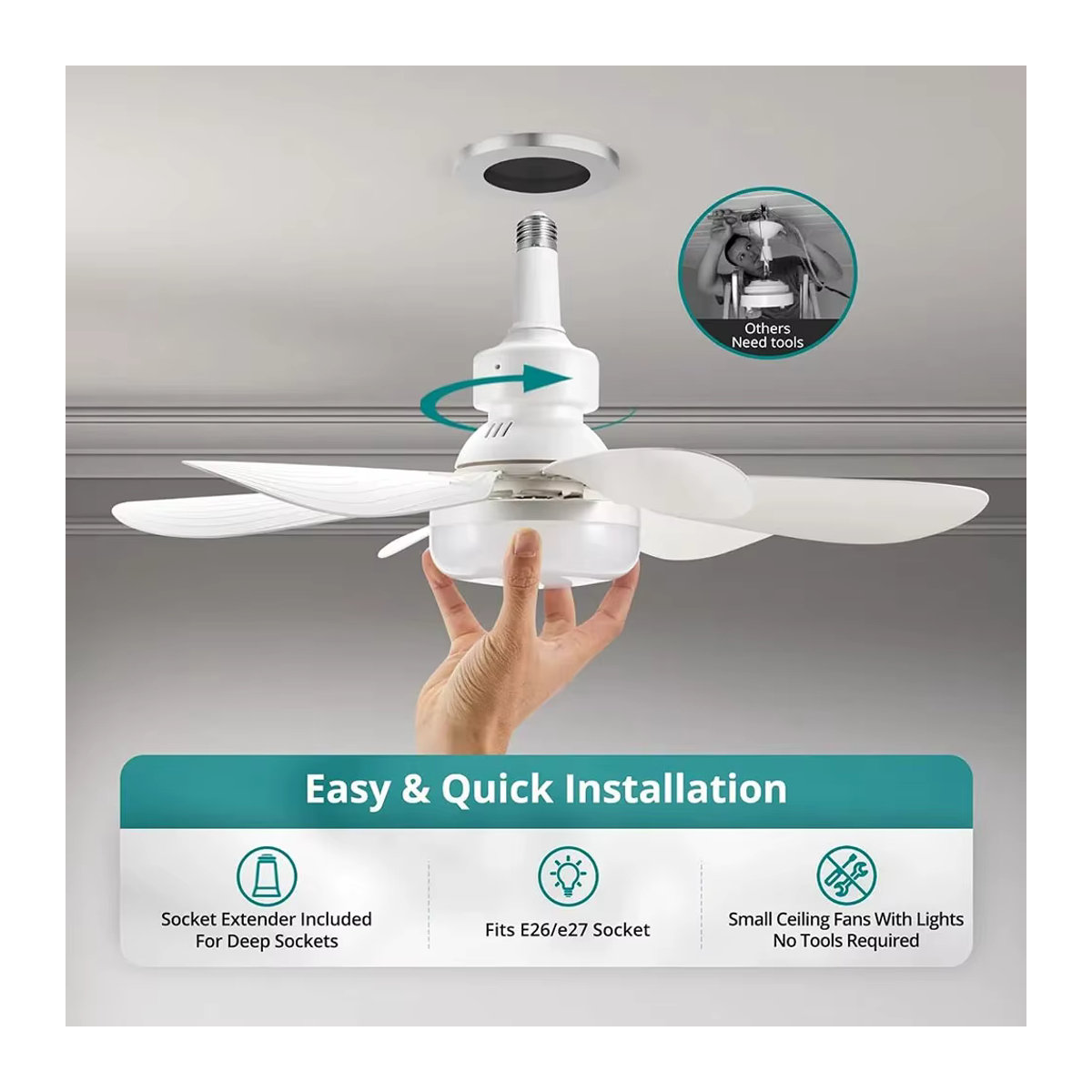 Multifunktionaler Deckenventilator mit Fernbedienung und dimmbarer E26/E27-Fassung in Weiß, minimalistisches Design - Bild 2