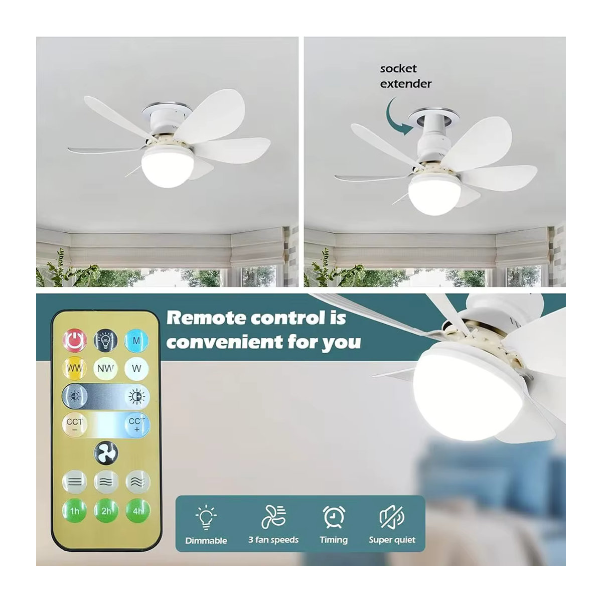 Multifunktionaler Deckenventilator mit Fernbedienung und dimmbarer E26/E27-Fassung in Weiß, minimalistisches Design - Bild 3