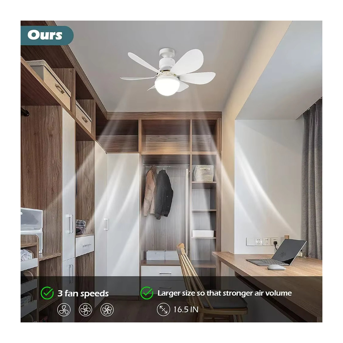 Multifunktionaler Deckenventilator mit Fernbedienung und dimmbarer E26/E27-Fassung in Weiß, minimalistisches Design - Bild 5
