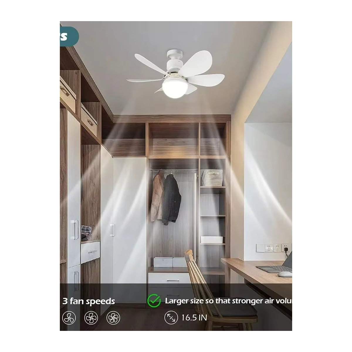 Multifunktionaler Deckenventilator mit Fernbedienung und dimmbarer E26/E27-Fassung in Weiß, minimalistisches Design - Bild 7