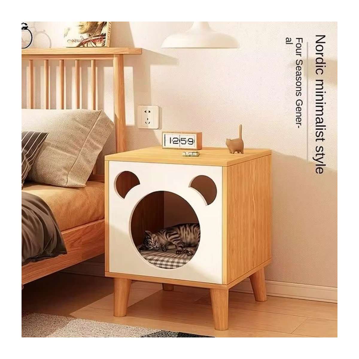 Multifunktionaler Katzen-Nachttisch aus Massivholz in Braun mit integriertem Katzenbett und Aufbewahrungsschrank - Bild 1