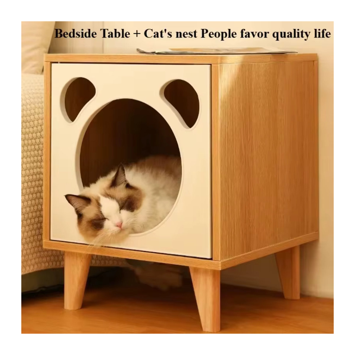 Multifunktionaler Katzen-Nachttisch aus Massivholz in Braun mit integriertem Katzenbett und Aufbewahrungsschrank - Bild 2