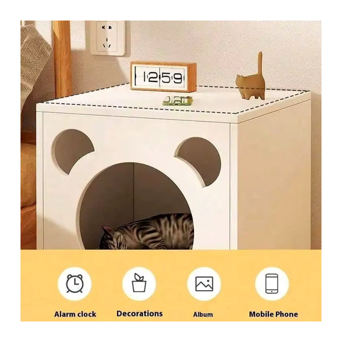 Multifunktionaler Katzen-Nachttisch aus Massivholz in Braun mit integriertem Katzenbett und Aufbewahrungsschrank - Bild 3