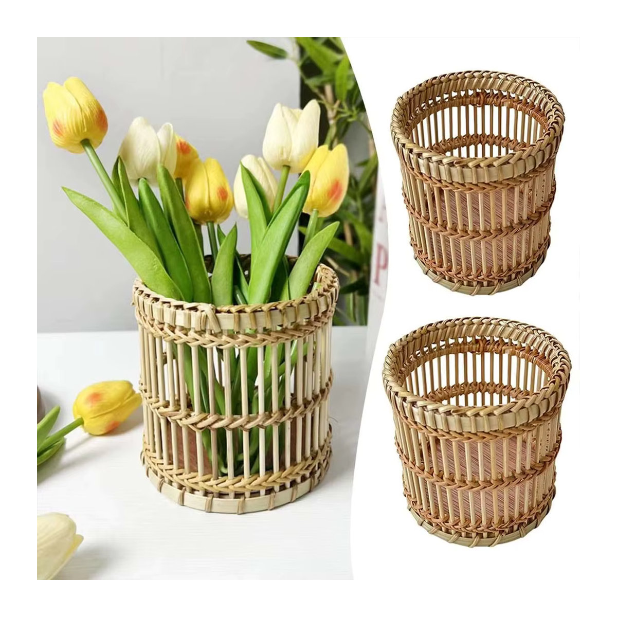 Multifunktionaler runder Aufbewahrungskorb aus Textil und Rattan in Braun im Bohemian-Stil als Kosmetik-Organizer und Stifthalter - Bild 6