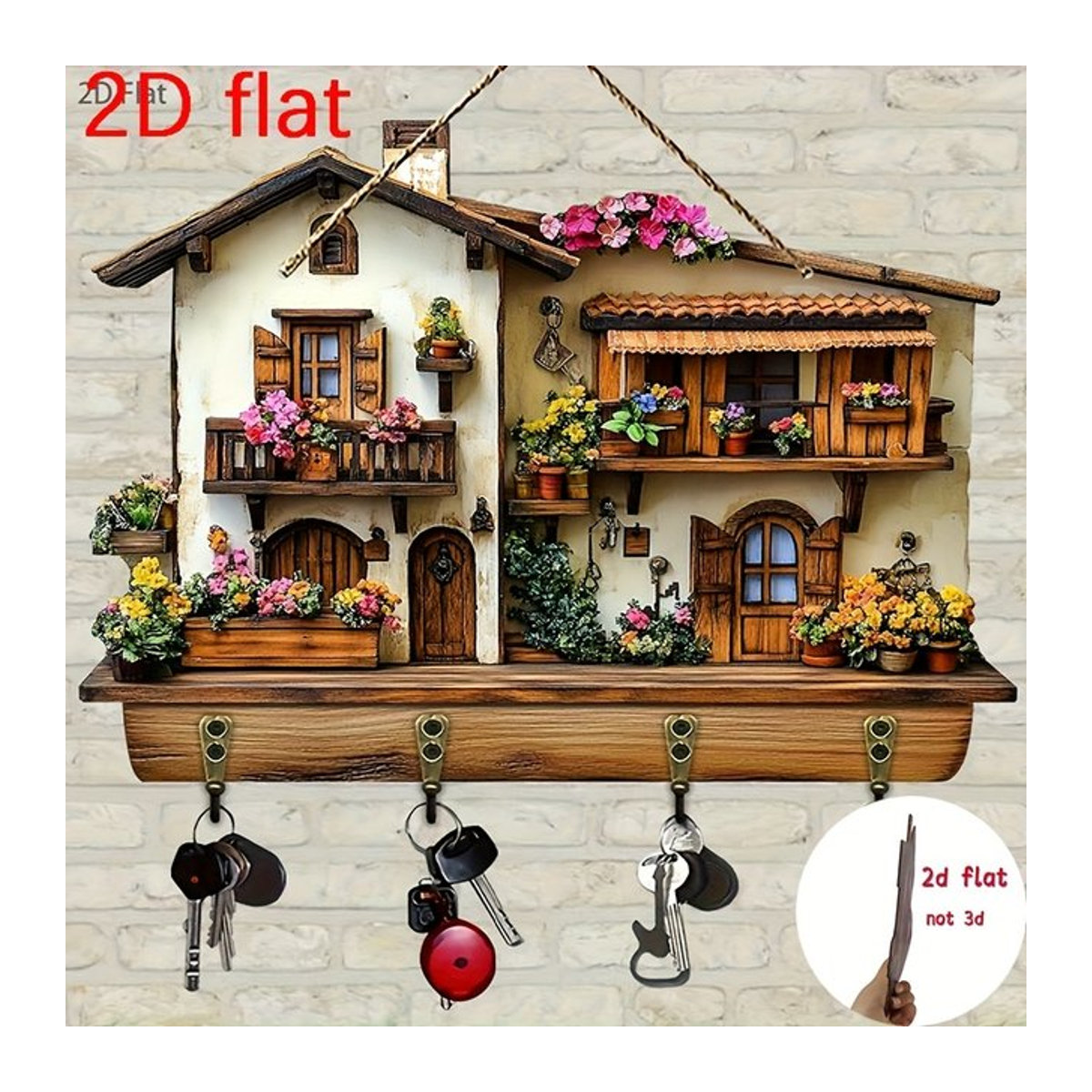 Multifunktionaler Wandkleiderhaken aus Holz mit floralem Design und vier Metallhaken in Mehrfarbig, Wanddekoration im Landhausstil - Bild 1