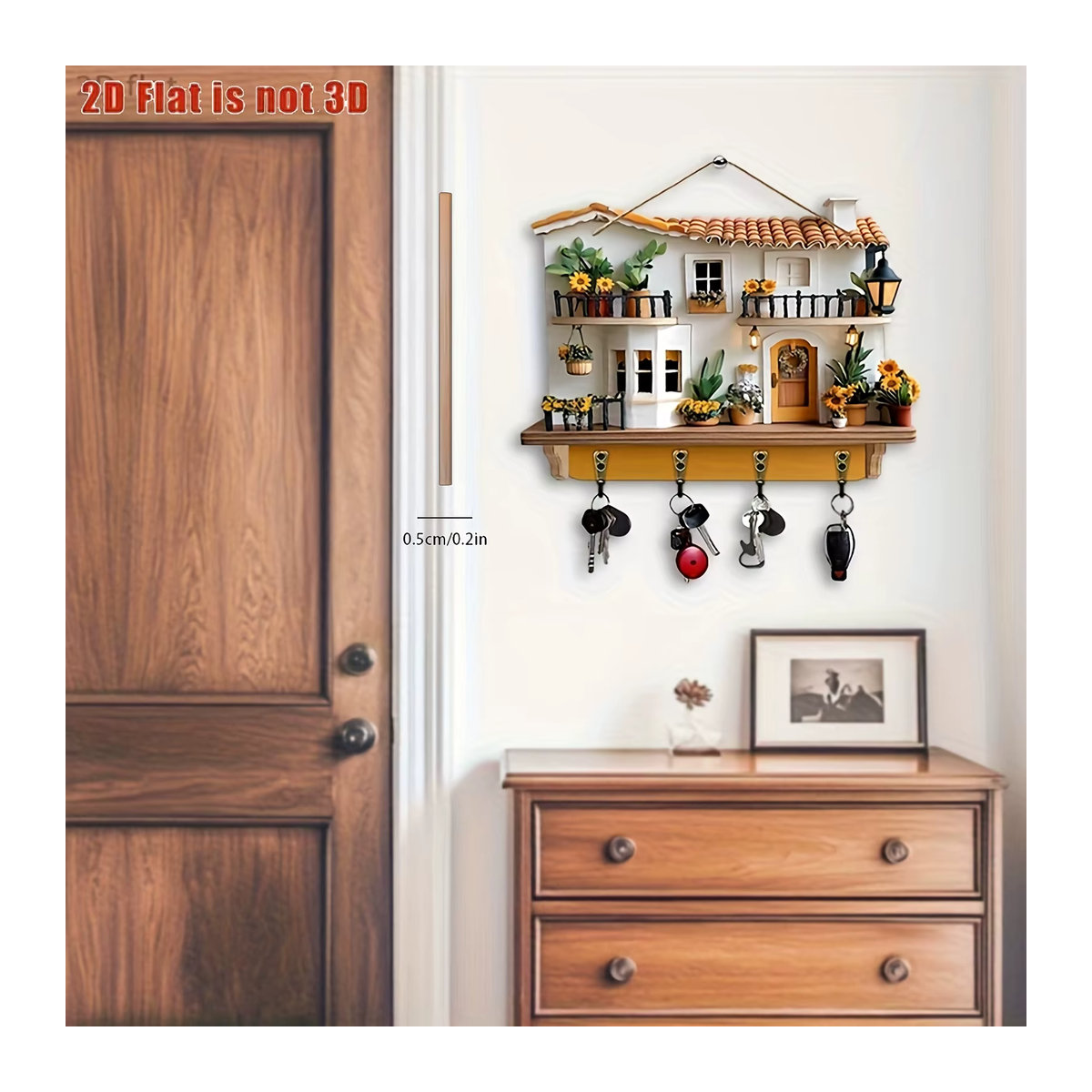 Multifunktionaler Wandkleiderhaken aus Holz mit floralem Design und vier Metallhaken in Mehrfarbig, Wanddekoration im Landhausstil - Bild 2