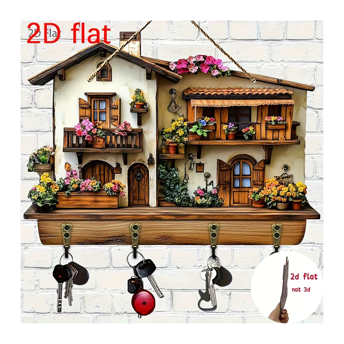 Multifunktionaler Wandkleiderhaken aus Holz mit floralem Design und vier Metallhaken in Mehrfarbig, Wanddekoration im Landhausstil - Bild 3