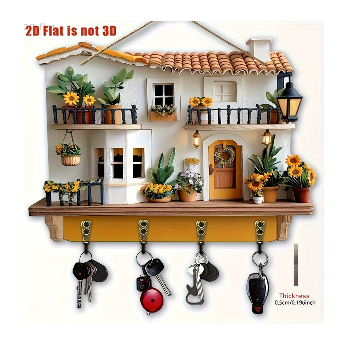 Multifunktionaler Wandkleiderhaken aus Holz mit floralem Design und vier Metallhaken in Mehrfarbig, Wanddekoration im Landhausstil - Bild 4