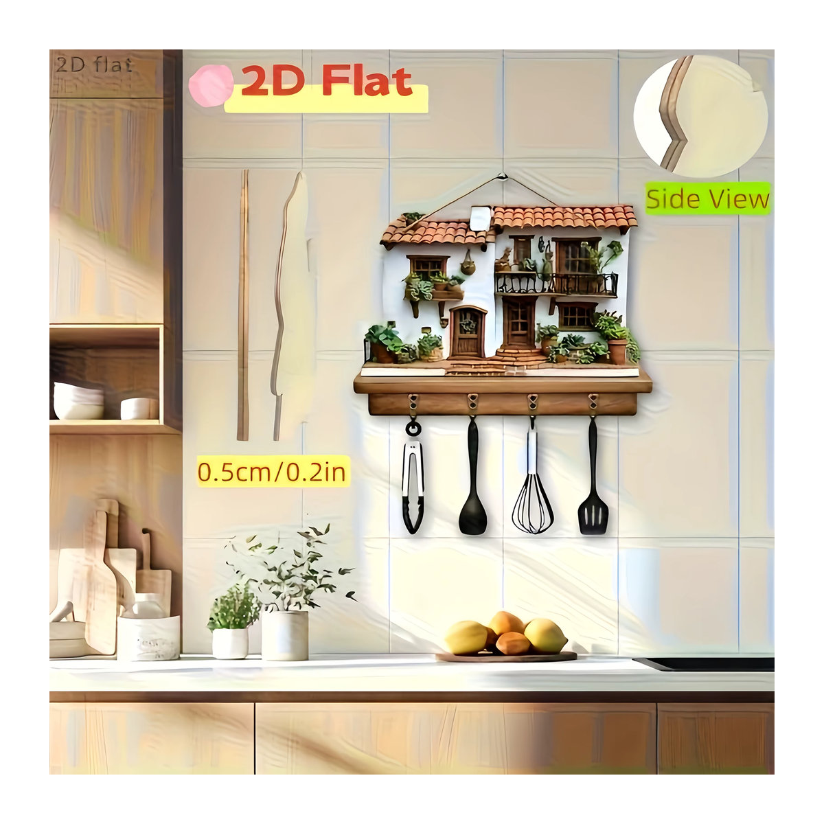 Multifunktionaler Wandkleiderhaken aus Holz mit floralem Design und vier Metallhaken in Mehrfarbig, Wanddekoration im Landhausstil - Bild 5